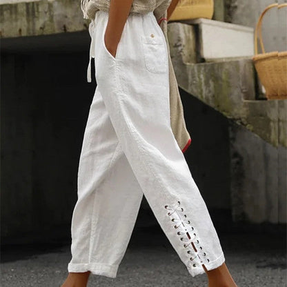 Pantalon Droit Femme en Lin Coton – Taille Élastique & Poches Pratiques