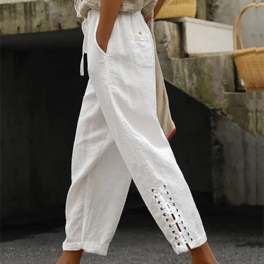 Pantalon Droit Femme en Lin Coton – Taille Élastique & Poches Pratiques