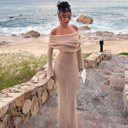 Robe Longue Sexy à Épaule Dénudée – Maille, Manches Longues, Style Vacances à la Plage