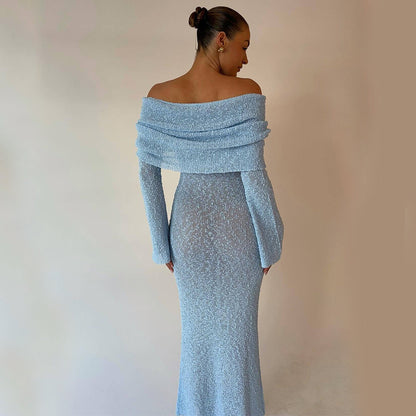 Robe Longue Sexy à Épaule Dénudée – Maille, Manches Longues, Style Vacances à la Plage
