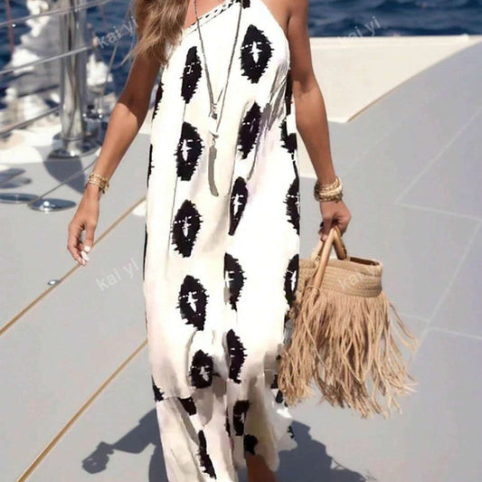 Robe Bohème Sexy Sans Manches à Imprimé Intégral et Liens au Col