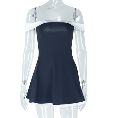 Mini-Robe Patchwork Noir & Blanc – Dos Nu, Col Bardot, Style Y2K Chic