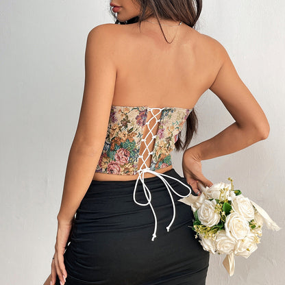 Corset Y2K Sans Bretelles à Fleurs – Top Court Sexy Noué au Dos pour Femmes | Tendance INS 2025
