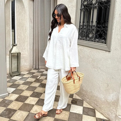 Ensemble V-Col Décontracté en Coton & Lin – Chemise Légère et Pantalon Long