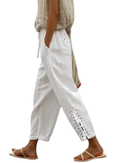 Pantalon Droit Femme en Lin Coton – Taille Élastique & Poches Pratiques