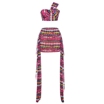 Ensemble Tendance à Rayures Digitales – Crop Top Sans Manches & Jupe Courte Cintrée