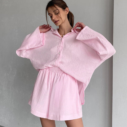 Ensemble Décontracté Coton Femme – Chemise à Manches Longues & Pantalon Large