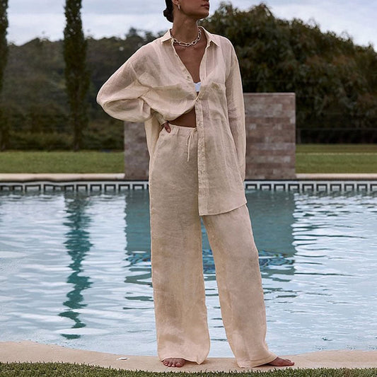 Ensemble Décontracté Femme – Blouse Longue & Pantalon Fluide Abricot